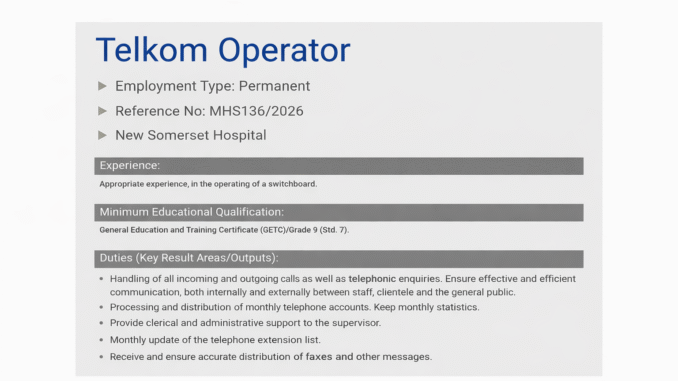 Telkom Operator vacancy at New Somerset Hospital with switchboard duties, application steps, and basic requirements